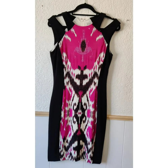 Cache Fitted Dress Sz 8 Party Cocktail Pink Black Sleeveless Shoulder Cut out - Picture 4 of 8